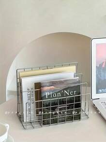 1pc Modern Minimalist Metal Bookshelf With 3 Storage Baskets, Scandinavian Style Rectangular Magazine And Newspaper Organizer Box, For Home Office Decor,For Back To School