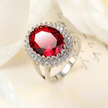 1pc Elegant Red Cubic Zirconia Oval Ring For Women, Wedding Jewelry Gift, Sparkling Jewelry For 2025 Wedding Season