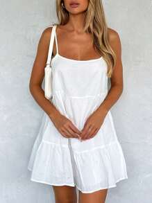 Women Summer Flowy Short Sundress Babydoll Dress White Black Mini Dresses For Women Going Out Dress Sleeveless Backless Flared Loose Fit Tiered Ruffle Dress Night Out Club Dress Linen Boho Dress Beach Vacation Clothes Spaghetti Strap Cami Sun Dress Swing Dress Home Lounge Casual Cute Club Dress Rave Concert Outfits Cozy - 白色 - 查看 6