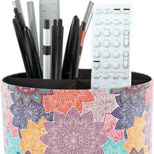 Hennaja Round Leather Art Supply Organizer,Remote Control Holder,360 Degree Rotating,Multi-Functional Pencil Holder,4 Compartments Desktop Stationary Organizer(1-Blue Bird) - 1-colorful Flower - View 1