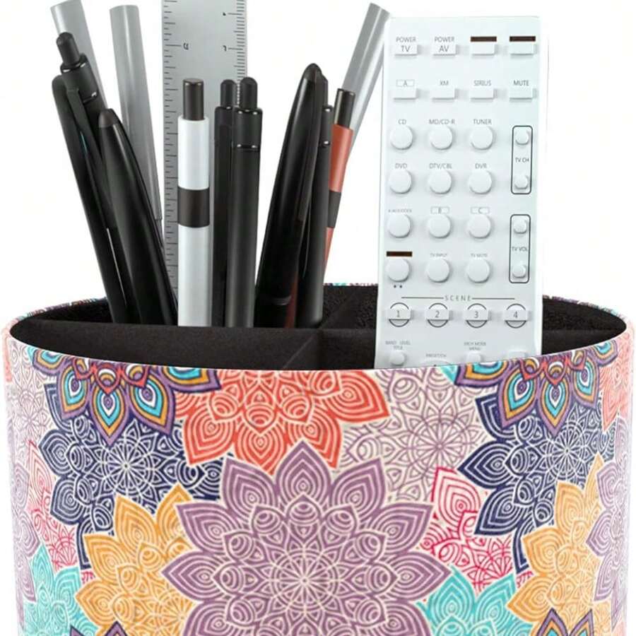 Hennaja Round Leather Art Supply Organizer,Remote Control Holder,360 Degree Rotating,Multi-Functional Pencil Holder,4 Compartments Desktop Stationary Organizer(1-Blue Bird) - 1-colorful Flower - View 1