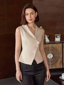 Blusa de mujer de unicolor con botones en ángulo, casual de verano - Albaricoque - Ver 4