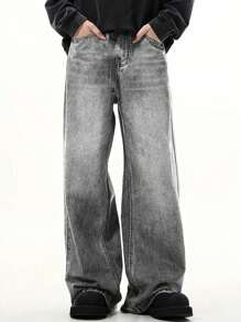青少年男孩宽松口袋直筒牛仔裤