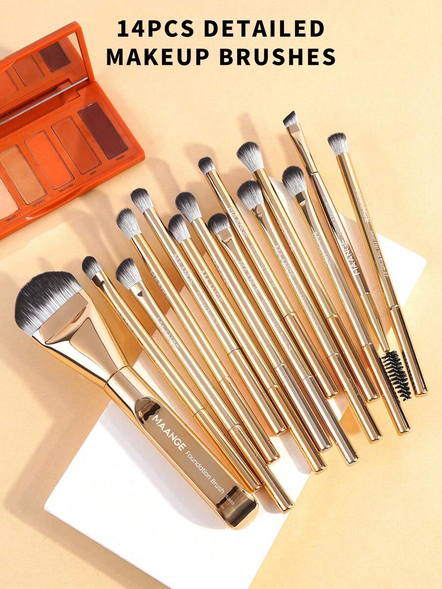 MAANGE 14pcs Professional Soft Long Aluminum Tube Makeup Brush Set,Eyelash Brush,Eyeshadow Brush, Eyebrow Brush, Blending Brush,Lip Brush,Highlight Brush,Concealer Brush,Makeup Brush For Powder Liquid Cream,For Daily Use And Travel,Makeup Accessories Gifts For Friends - 金色 - 查看 1