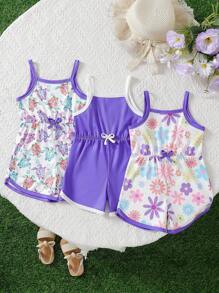 Set de 3 piezas Mono de tirantes con diseños de dibujos animados lindos e impresos, adecuado para uso en casa en verano para niñas jóvenes - Morado - Ver 1