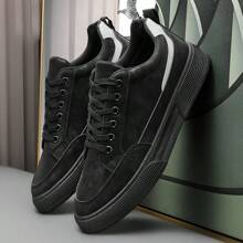 （建议选大一码）男士纯灰色系带滑板鞋，简约圆头厚底高帮运动鞋 - 黑色 - 查看 3