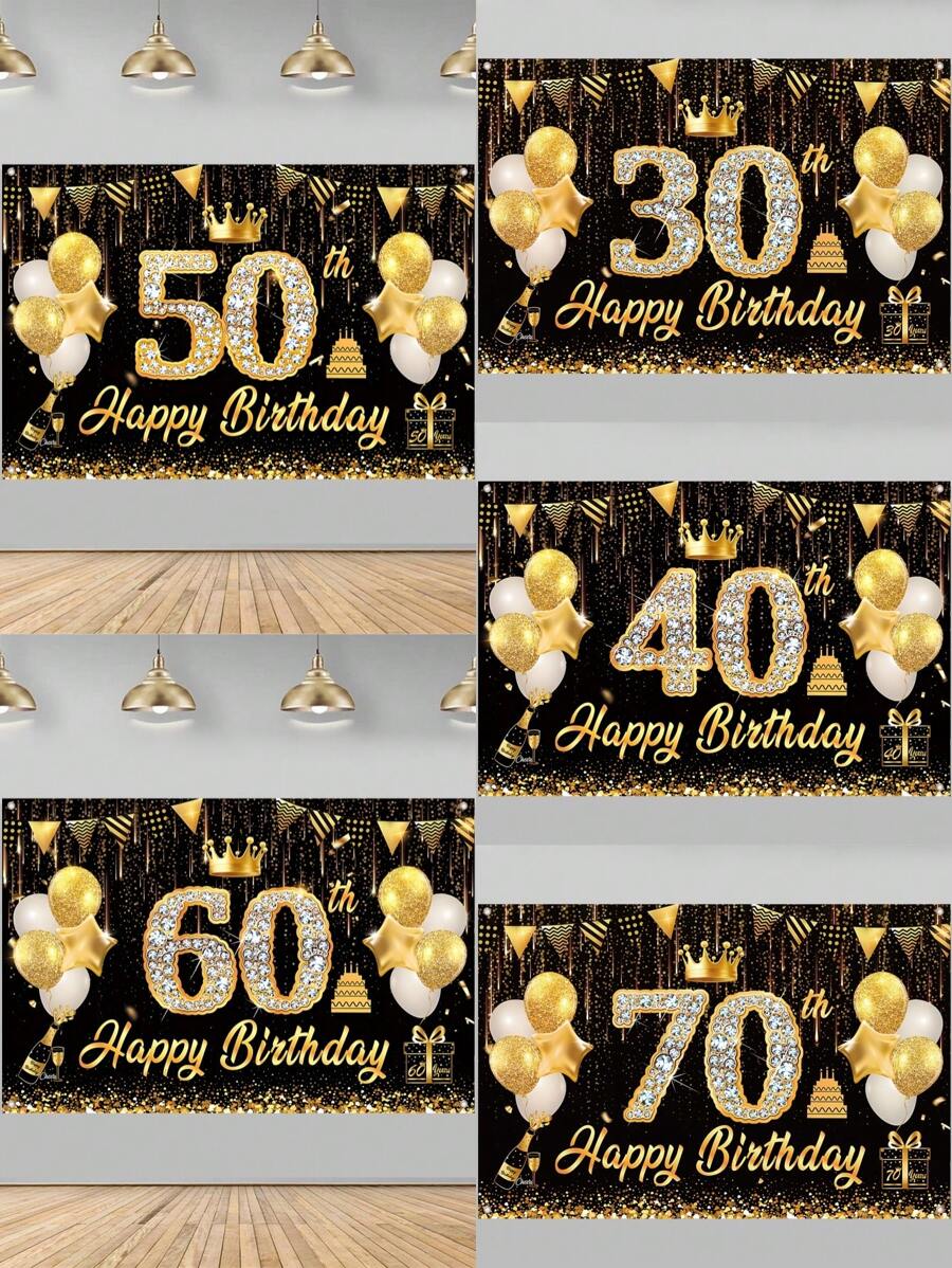 1块亮黑色金色“生日快乐”背景布，适用于30岁、40岁、60岁、70岁、50岁生日派对装饰，150*100厘米涤纶背景布，亮面生日拍照背景布，生日庆祝背景布，家居装饰，房间装饰，墙面装饰，生日横幅装饰，节日派对用品