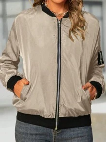 Women's Fashion Baseball Collar Zip-Up Lightweight Jacket, Spring & Summer - Apricot - View 2