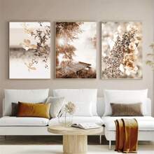 Set di 3 quadri decorativi, foresta autunnale nebbiosa moderna, paesaggio di lago e fiori selvatici, stile minimalista per decorazione della casa, parete di soggiorno e camera da letto, cartellone senza cornice su tela