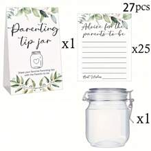 27/52 件婴儿淋浴游戏奖品、婴儿淋浴指导罐和新父母适用的标签，包括 25/50 张育儿技巧卡、1 个瓶子和 1 个标签，适合新父母和客人，绿叶主题 - 彩色 - 查看 2