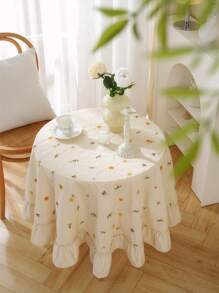 1 块奢华杏色花卉刺绣裙形褶皱荷叶边桌布，适用于咖啡桌、餐桌