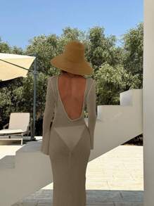 Women Solid Color V-Neck Backless Ruched Waist Bodycon Button Front Simple Daily Cover Up Long Dress Without Bikini, Summer Beach Vacation Women Sexy Crochet Sheer Maxi Boho Elegant Flowy Tie Sleeve Coverup Fall Hollow Out Dresses Relaxed Meshs, Spring Summer Fall