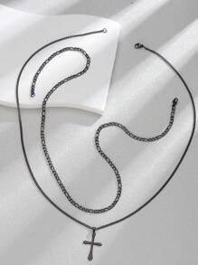 2pcs/Set Men's Casual Decorative Crossed Draping Cross Chain Necklace Set - Black - View 3