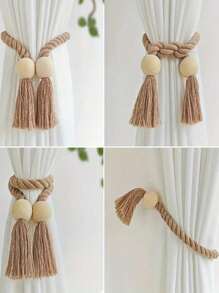 Sujetacortinas magnéticos con borlas de madera y cuerda tejida a mano - Diseño sólido de madera bohemio para dormitorio/sala de estar/cocina/oficina/jardín, sostenedores ajustables sin herramientas para cortinas finas y gruesas + Decoración del hogar bohemia