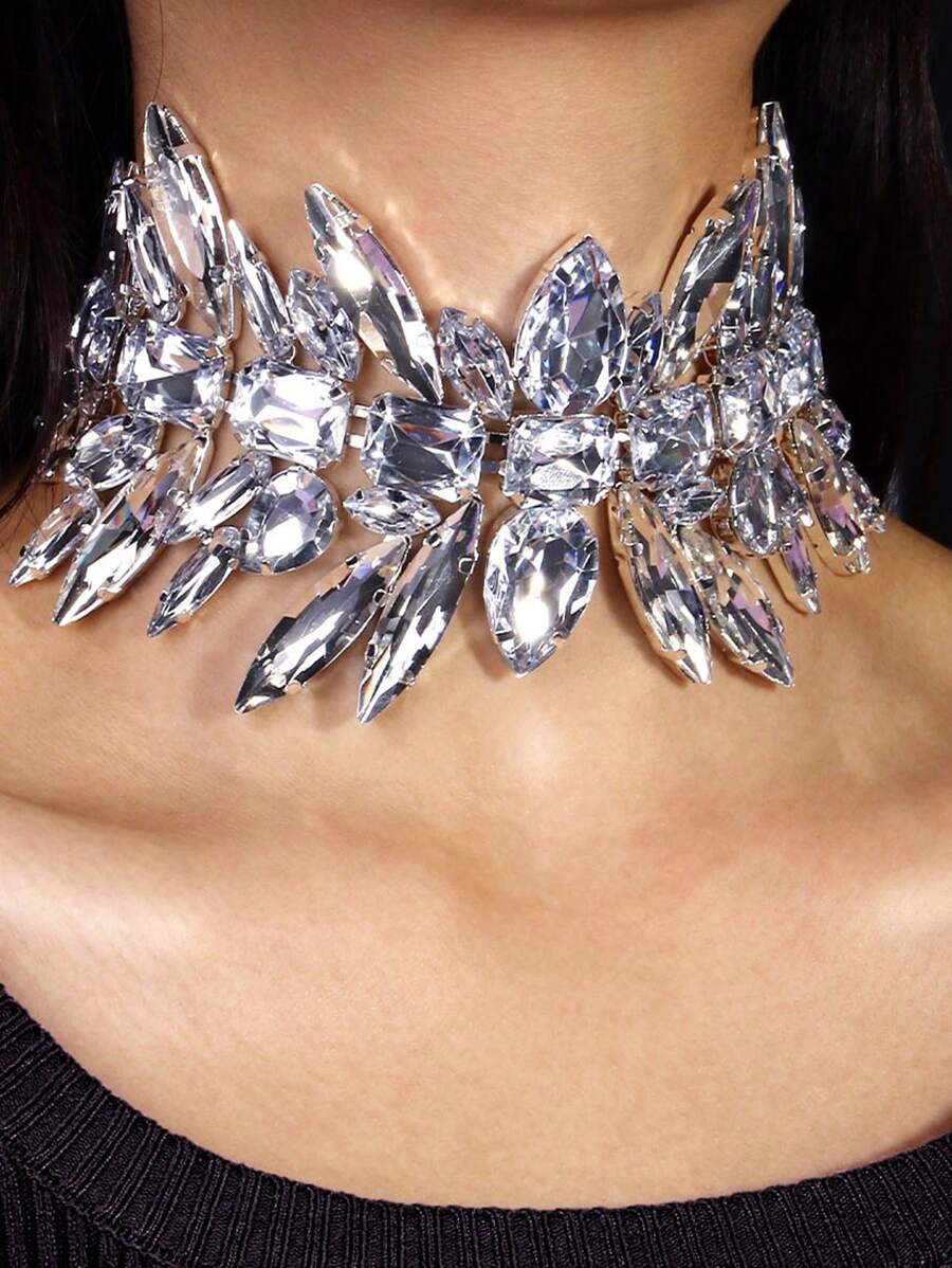 1pc Silver Fashionable Luxury Multi-Layer Geometric Rhinestone Necklace, Women Jewelry - Silver - View 1