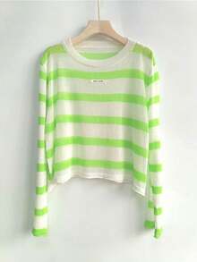 女士条纹长袖轻质针织防晒衬衫，高腰短款露腹上衣，夏季 - 綠色 - 查看 7