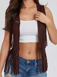 Women's Boho Hippie Chic Waistcoat Vest Ultra Lightweight Solid Hue Open Front Sleeveless Jacket Adorned With Tassels  Streetwear Layering