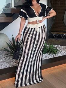 Women's Elegant Colorblock Knited Stripe Big V Neck Knotted Detail Dolman Sleeve Lace Up Crop Top & Draw String Waist Hollow Out Mermaid Hem Slim Fit Maxi Skirt Summer Beach Vacation 2 Pieces Set - 黑與白 - 查看 4