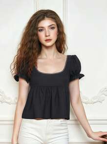 Women Short Sleeve Shirts Solid Color Square Neck Blouses Summer Fashion Casual Tops Streetwear