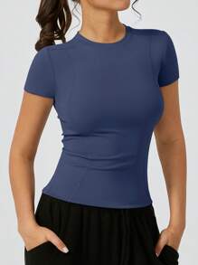 Camiseta deportiva de mujer de cuello redondo de secado rápido, ajuste ceñido con efecto estilizante, transpirable, para actividades al aire libre y fitness de manga corta
