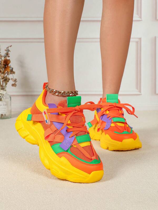 Vibrant Dopamine-Inspired Color Scheme Shoes, Breathable Comfortable High Heels, Round Toe Lace-Up Platform Wedge Sneakers For Parties, Festivals, Gifts - Wide Feet Please Order One Size Up