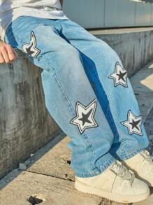 Men's Loose Fit Distressed Denim Jeans With Letter Print Design - Blue - View 1