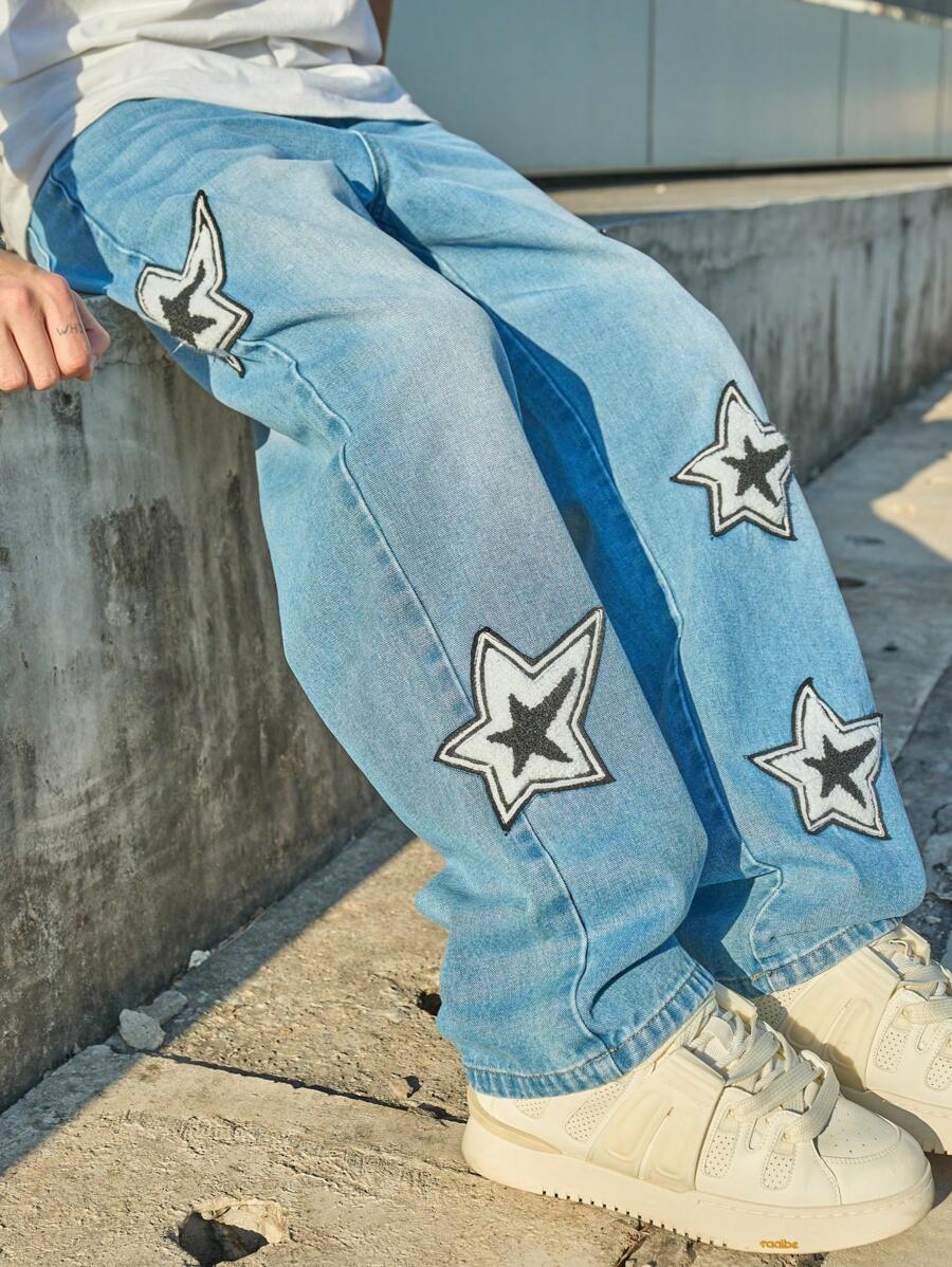 Men's Loose Fit Distressed Denim Jeans With Letter Print Design - Blue - View 1