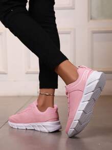 女士粉色皮革防水轻便系带圆头休闲运动鞋，春季 - 粉色 - 查看 3