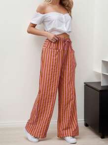 hoteel Women Casual Drawstring Stripe Wide Leg Trousers Lounge Pants With Pockets - 紅色 - 查看 5