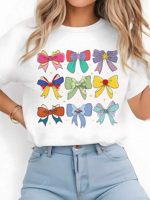 Cute Bowknot Graphic Print Round Neck Short Sleeve T-Shirt, Casual Round Neck Top For Women, Bowknot Lovers Gift