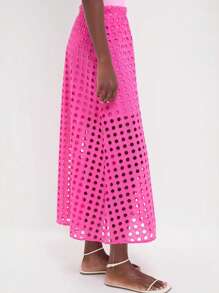 Summer Casual Long Skirt For Women Cotton Eyelet Beach Maxi Skirt With Underneath - 粉色 - 查看 4