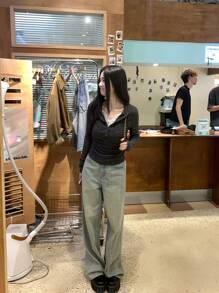 Buttons Detail Casual Lace Ruched 2 In 1 Brushed T-Shirt Top