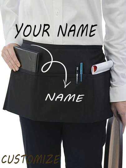 1Pc Personalized Custom Unisex Polyester Apron With 3 Pockets - Customizable Short Half Waist Waiter Work Uniform Hair Stylist Black Apron Hairdresser Beauty Salon Cosmetologist Cosmetology School Barber Gift Custom, For Kitchen, Hotel, Restaurant, Cooking, Baking, And Chef Use, Perfect For Personalized Text Or Logo, Adjustable, Ornamental, Reusable, Breathable,Souvenirs,Reusable,Adorable,High-Quality