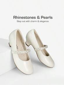 Girls Party Shoes Low Heels For Little Big Girl Mary Jane Shoes With Pearl Rhinestones Flower Girl Pumps Princess Wedding - White-pat - View 7