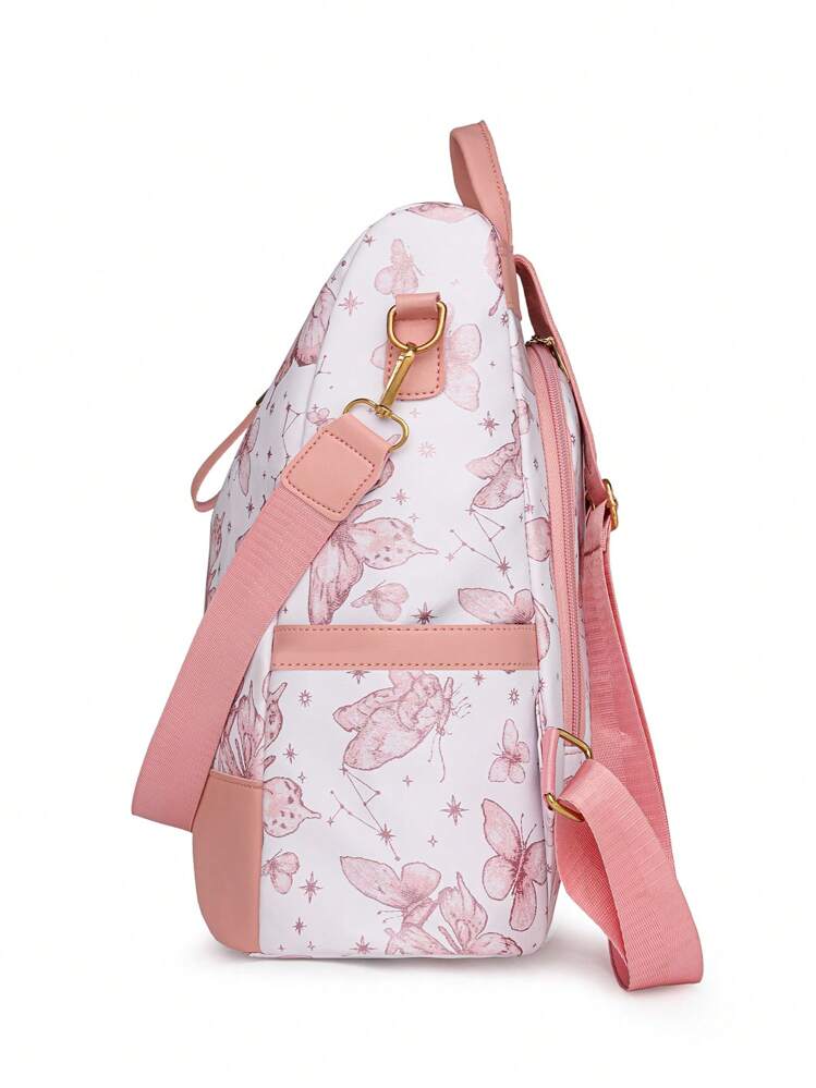 新款中国风蝴蝶印花甜美女式双肩包，时尚别致，学院风学生背包，简约户外防盗防水旅行度假通勤多功能包，完美搭配各种背包配件，返校必备，学生书包，学院风背包 - 粉色 - 查看 4