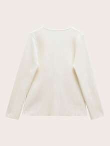 Long Sleeve Solid Color Knitted Top With Metallic Buttons, Casual For Spring & Autumn