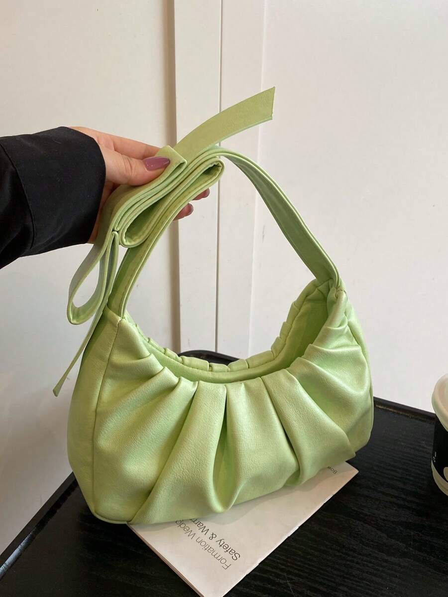 1pc Fashionable Green PU Pleated Cloud Shoulder Bag With Bow Decor, Simple & Elegant For Women