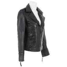 Women Real Leather Biker Jacket N8UL - Black - View 2