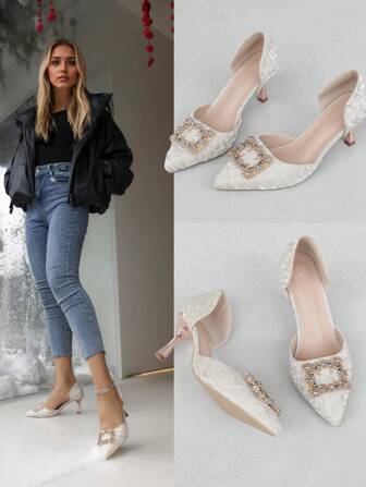 女士春秋法式水钻尖头细高跟伴娘鞋、办公室装鞋、婚礼派对鞋、日常一脚蹬细高跟鞋