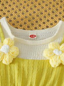 2pcs Baby/Baby Girl 3D Floral Crew Neck Top + Solid Simple Versatile Pants Set - Mustard Yellow - View 3
