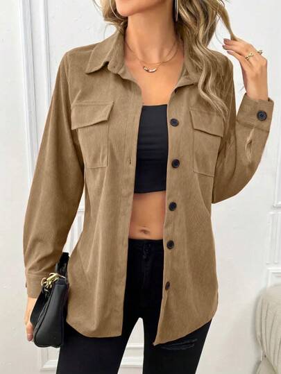 Camisa de pana para mujer para Navidad, otoño/invierno, diseño de bolsillo doble, solapa retro, ropa de calle versátil, blusa elegante