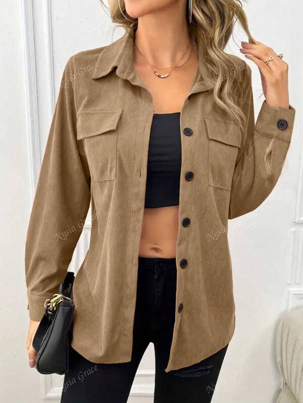 Independence Day & Graduation Women Spring Summer Button Front Flap Pocket Fashion Jacket, Casual Long Sleeve Collar Cargo Pocket Shirt Elegant Blouse