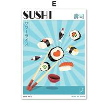 1 pieza Pintura en lienzo de arte de pared con temática de ramen con huevo, sushi japonés, shochu, comida, estilo nórdico, pósteres retro, decoración de pared de restaurante de cocina, imagen sin marco