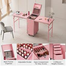 Manicure Trolley With Table, Manicure Table Foldable Traveling Nail Desk With Storage, Worktable And Mirror, Cosmetic Case Nail Table - 粉紅色-雙桌 - 查看 4
