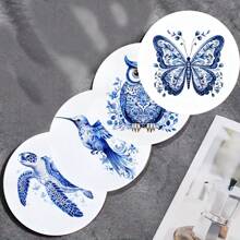 4pcs Blue And White Porcelain Flower, Animal, Car Printed Wooden Cup Coasters, Heat Insulation Coasters For Tea Cup, Coffee And Beverage Cup, Ideal Home And Restaurant Decor, Collectible Wooden Coasters - Multicolor - View 8