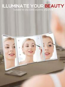 1pc Portable Triple Fold Makeup Mirror, Desktop LED Folding Makeup Mirror, With 2x And 3x Magnification, Supported By A Stand, Suitable For Carrying Beauty Gifts (Battery Powered)