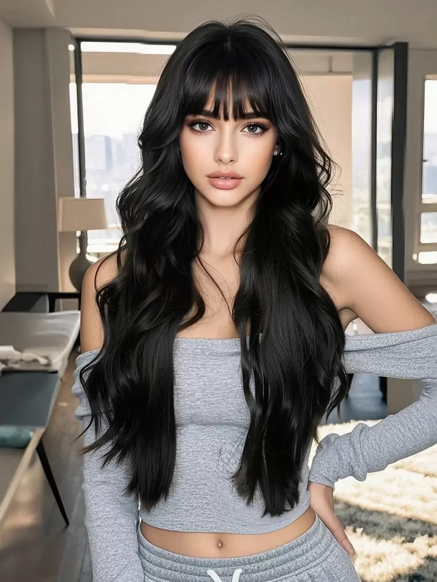 Natural Black Long Wavy Synthetic Wig With Bangs For Women Body Wave Dark Brown Wigs Cosplay Daily Hair Heat Resistant - 黑色 - 查看 1