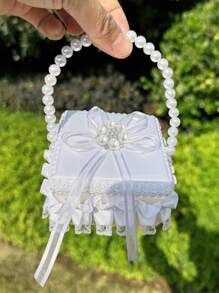 1 件婚礼手持戒指盒蕾丝仿珍珠戒指盒蝴蝶结小花篮花童手持心形戒指枕婚礼道具 - 彩色 - 查看 9