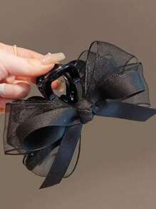1pc Chic Vibe Black Mesh Bow Sharkbite Hair Clip, Suitable For High Hair Volume, Everyday Wear, Birthday/Mother's Day Gift