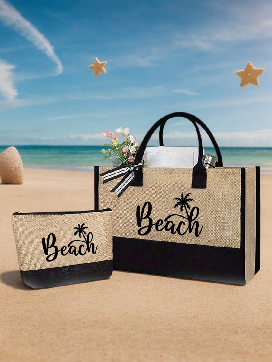 女士沙滩手提包，配有旅行化妆包，印有“沙滩”和棕榈树图案，帆布材质，适合收纳沙滩必备物品，是送给女性、妈妈、老师、朋友、伴娘、学生、返校季的绝佳礼物，容量大，是度假、周末出游、个性化生日礼物、节日、返校季、夏季、假期、沙滩出行的理想之选（含围巾），也是母亲节的最佳礼物。 - 彩色 - 查看 1